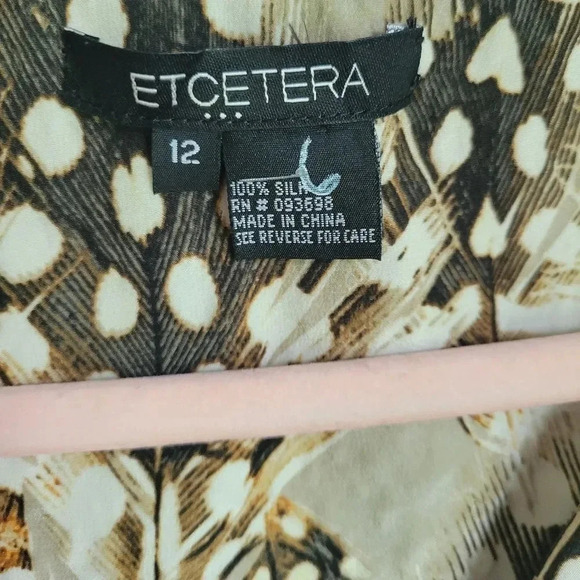 Etcetera, Silk Taupe Feather Print Button Front Peasant Blouse Top, Size 12 - Picture 7 of 8